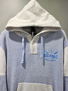 Basix of America Men’s Fleece Pullover Hoodie Blue/White Colorblock Pockets L